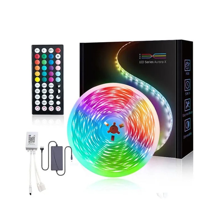 LED RGB szalag 30m, színváltós, APP vezérlés és 44 gombos távirányító, többszínű