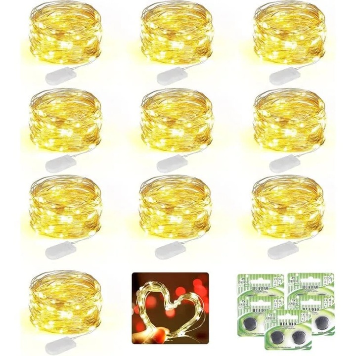 Комплект от 10 LED светлинни нишки, 2м, топло бяло, включени батерии, водоустойчив