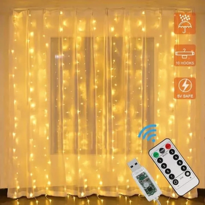 LED лента за перде, 8 режима, дистанционно управление, USB, топло бяло, 3x2м