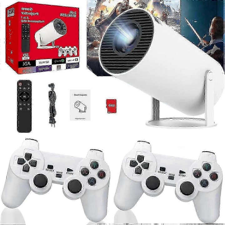 Hordozható 4K projektor, retro játékkonzol, 20.000 játék, WiFi Bluetooth, 130 hüvelyk