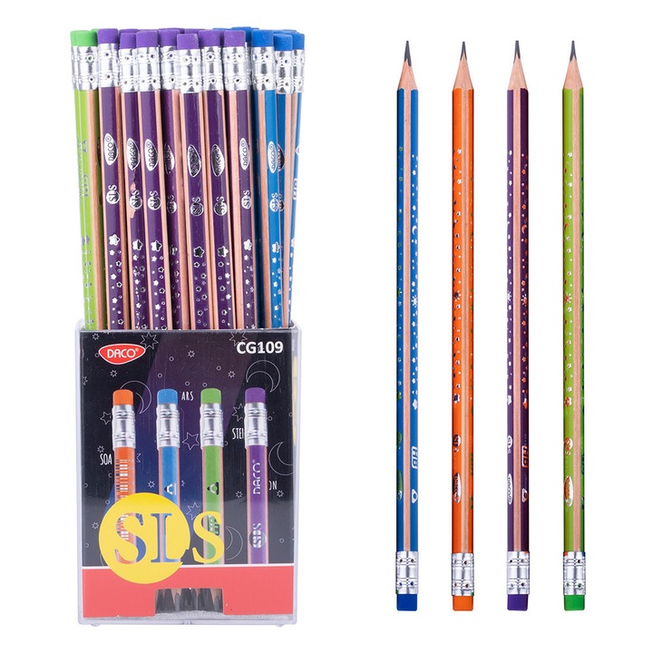 Set 18 Creioane Grafit Stele, Luna si Soare HB, Triunghiular, cu Radiera DACO sku28