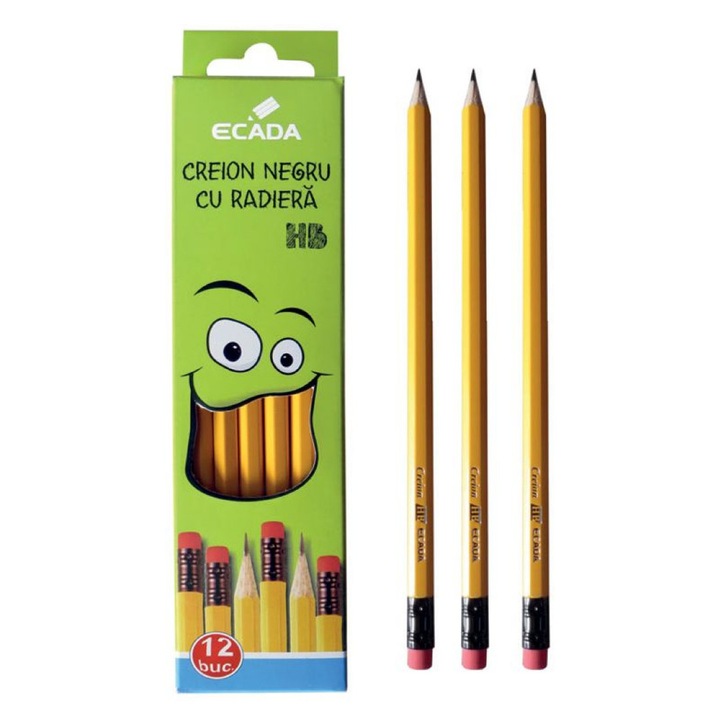 Set 12 Creioane Grafit HB, Hexagonal, cu Radiera, Galben ECADA sku28