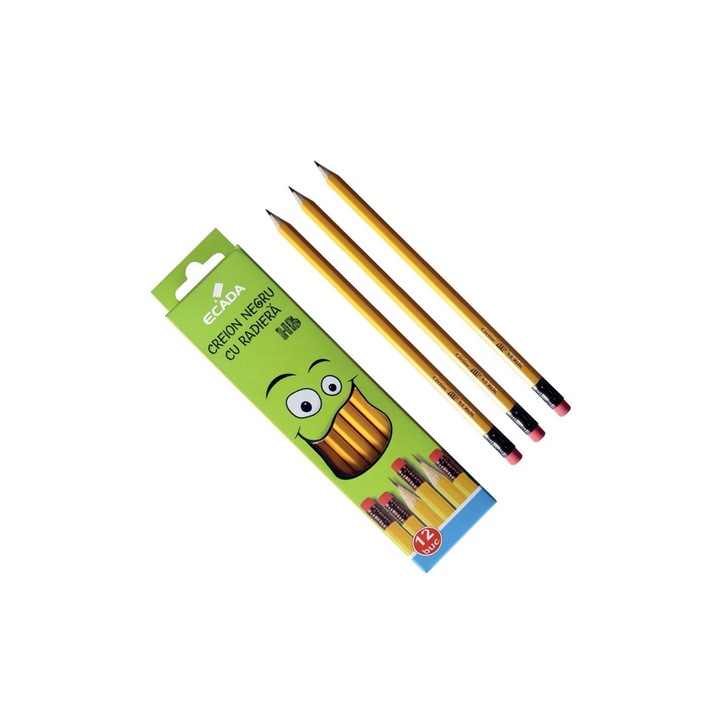 Set 12 Creioane Grafit HB, Hexagonal, cu Radiera, Galben ECADA sku11
