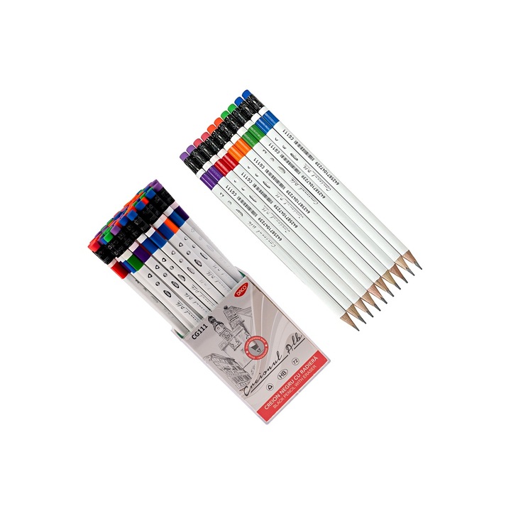 Set 18 Creioane Grafit HB, Triunghiular, cu Radiera, Alb DACO sku11