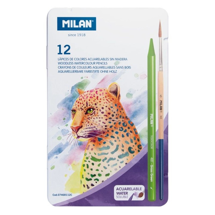 Set 12 Creioane Colorate Todocolor, Solubile, cu Pensula, in Cutie Metalica MILAN sku28