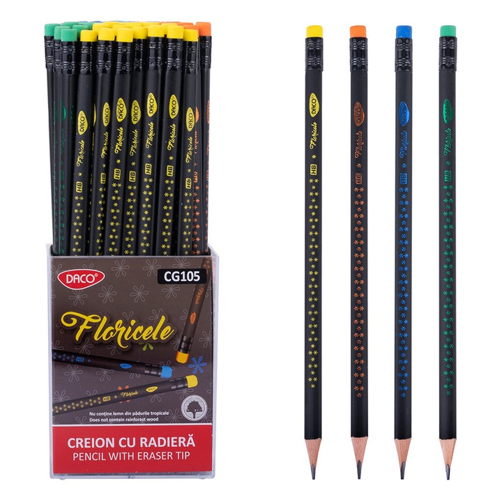 Set 18 Creioane Grafit HB, Triunghiular, cu Radiera, Negru DACO sku28