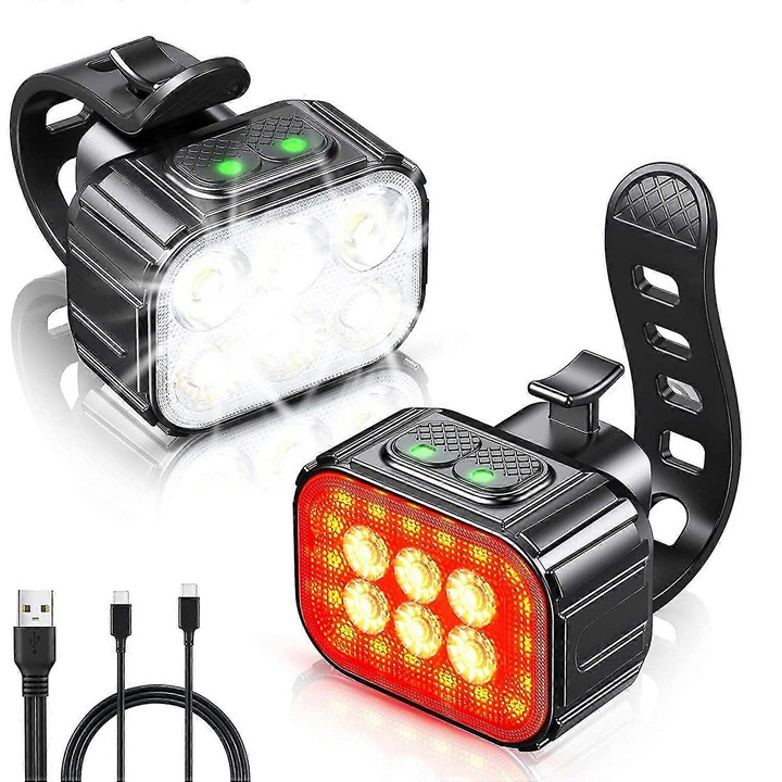 Kerékpár lámpaszett első-hátsó, USB, vízálló, fekete-piros-fehér, kompakt