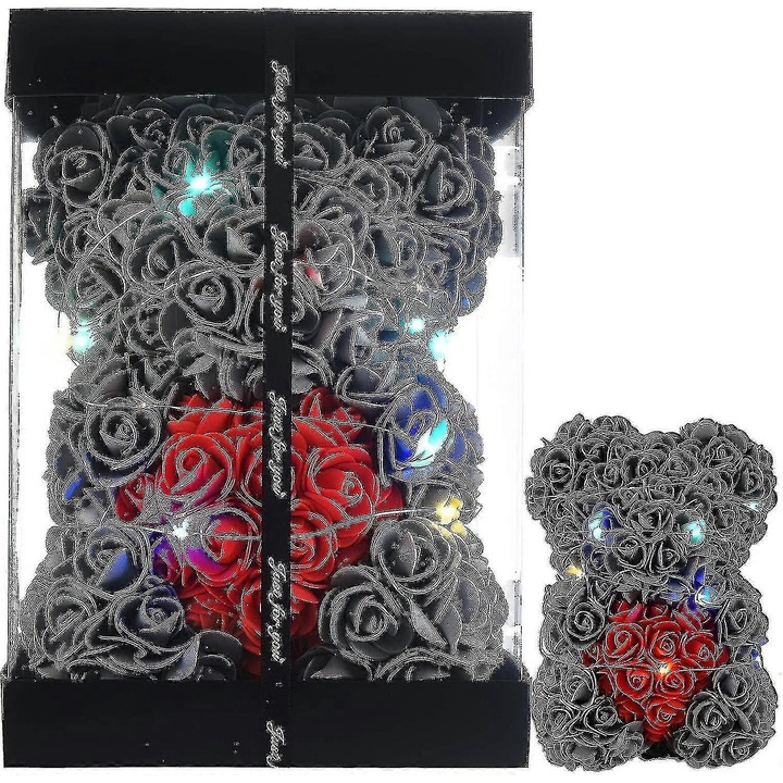 Ursulet trandafir artificial, cadou romantic, gri, 25x20x15cm