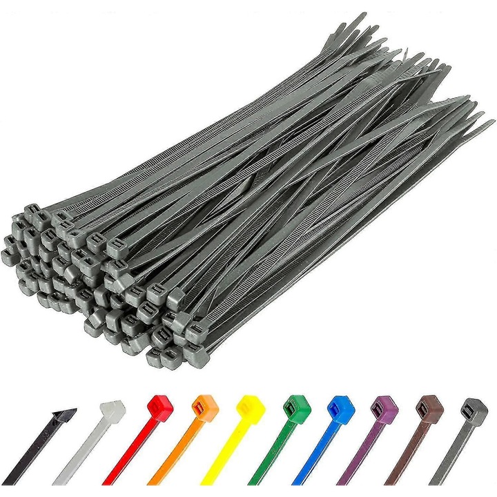 Set 100 cleme cablu lungi, 370x4.8mm, nylon, argintiu