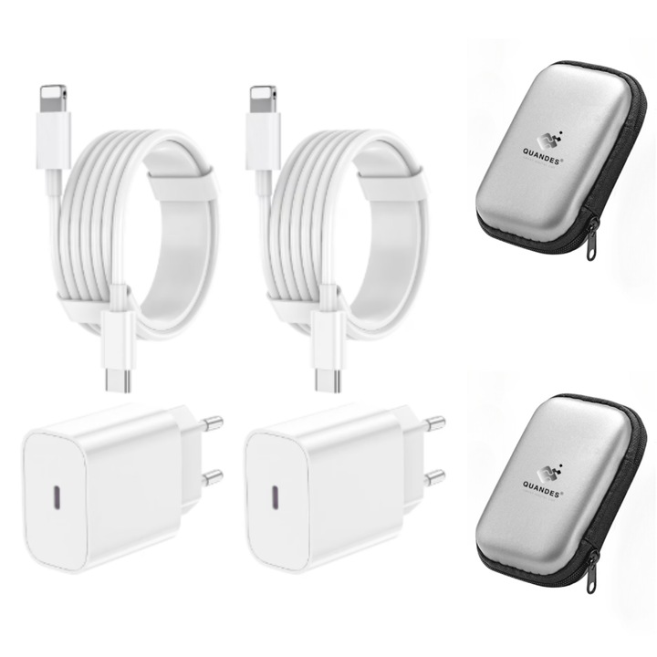 QUANDES® Gyors fali töltő készlet 2 X 20W USB-C hálózati adapter, 2 x USB-C - Light kábel 2M, kompatibilis iPhone 14 Pro Max / 14 Plus / 13 / 12 Mini / 11 / iPad készülékekkel, 2X Tároló táska