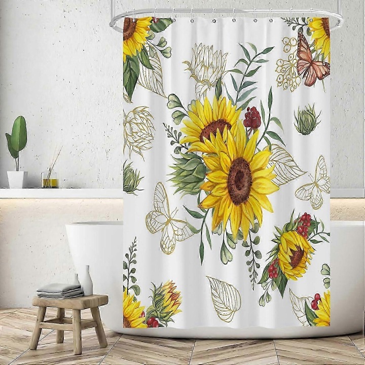 Perdea de dus, material poliester, imprimeu floarea-soarelui, rezistenta la apa, 180x180cm, alb