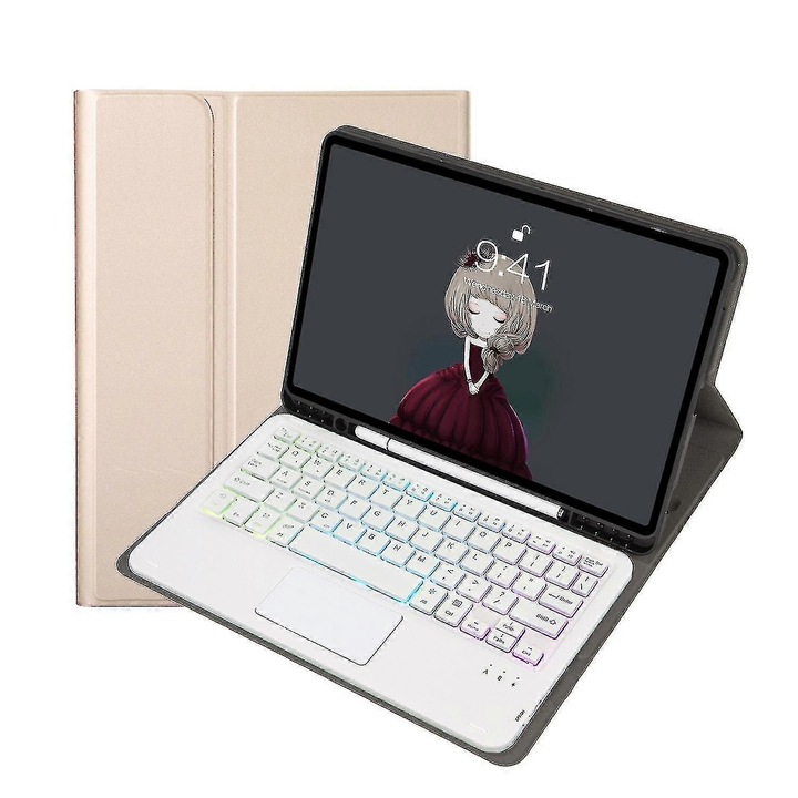 Husa cu tastatura Bluetooth pentru Samsung Galaxy Tab S6 Lite, piele, auriu, 25.2x18.3x2.2cm