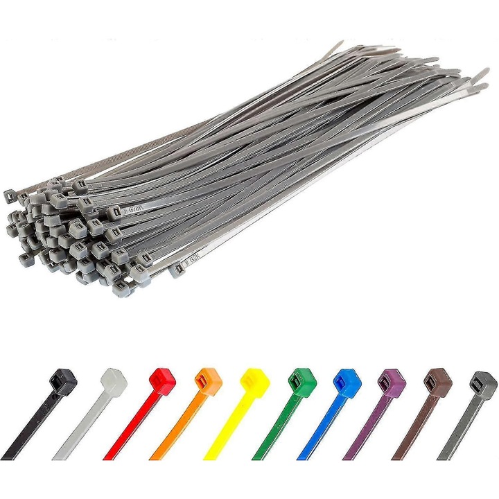 Set 100 bride cablu nylon, 370x4.8mm, argintiu, rezistent UV