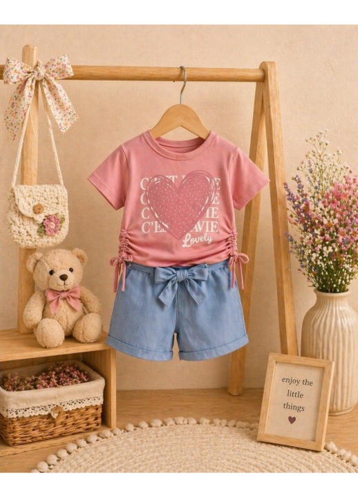 Set pentru fetite MINAMINOKIDS cu pantaloni scurti denim - Heart, Multicolor, 105-110 CM