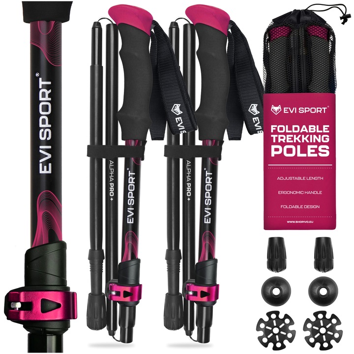 2 db EVI SPORT ALPHA PRO+ Trekking és Nordic Walking Bot Szett, Összecsukható, Állítható 110-130cm, Könnyű Alumínium 264g, EVA Hab Markolat, Tok és Tartozékok mellékelve, Rózsaszín