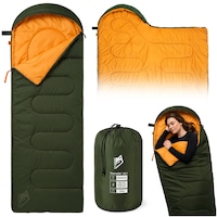 Sac de dormit gros tip plic cu gluga EVI SPORT ThermON™ V2.1, 3 sezoane, interval temperatura -4°C...9°C, material poliester ranforsat 210T, functie plapuma, camping, supravietuire si cort, 1100g, 210x75 cm, Verde Forest Ember