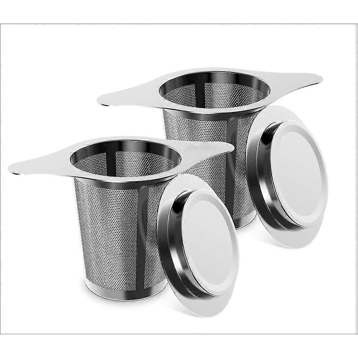 Set 2 filtre ceai din otel inoxidabil 304, cu maner dublu, capac multifunctional, universal, 60x125mm