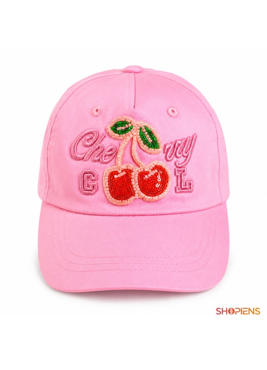 Sapca Copii Roz Din Bumbac Cu Cirese Brodate Paiete Si Margele Cozoroc Mare 7 Cm Accesoriu Vara Pentru Fete Marime 54 Shopiens®