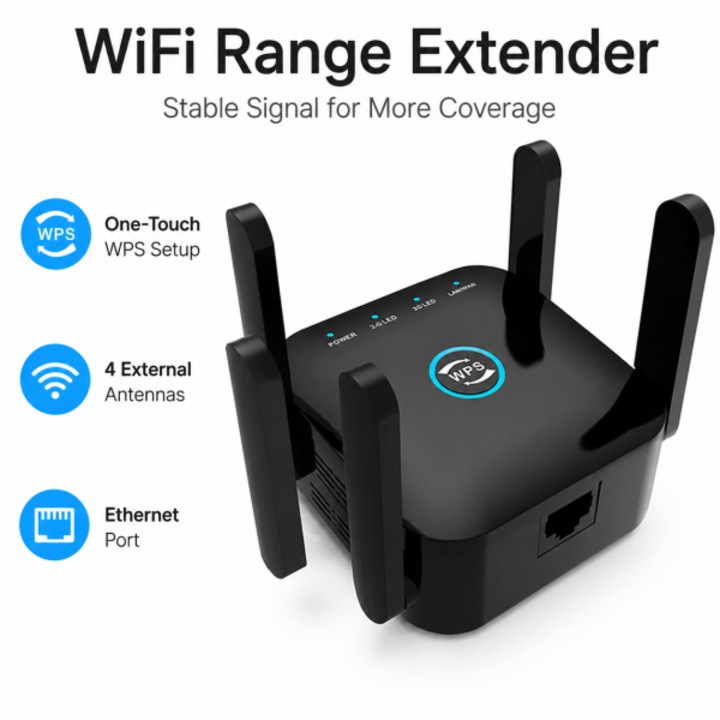 WiFi jelerősítő / WiFi ismétlő, 4 külső antennával, WPS One-Touch konfigurációval, Ethernet LAN/WAN porttal, intelligens LED indikátorokkal, kompakt dugaszolható kialakítással, otthoni és irodai jelerősítéshez
