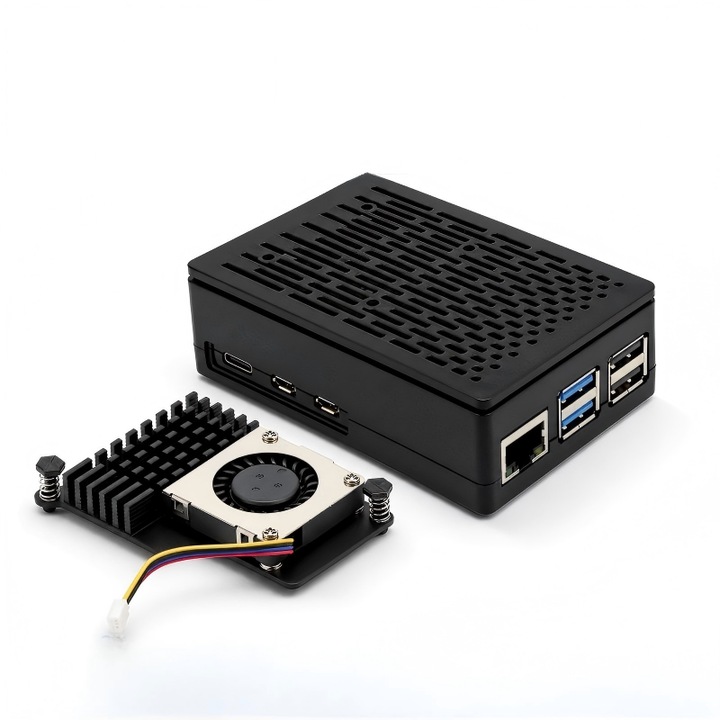 Carcasa radiator Raspberry Pi 5, aluminiu, ventilator PWM, heatpipe, racire activa pentru placa Pi 5, protectie mecanica si anti-supraincalzire, negru