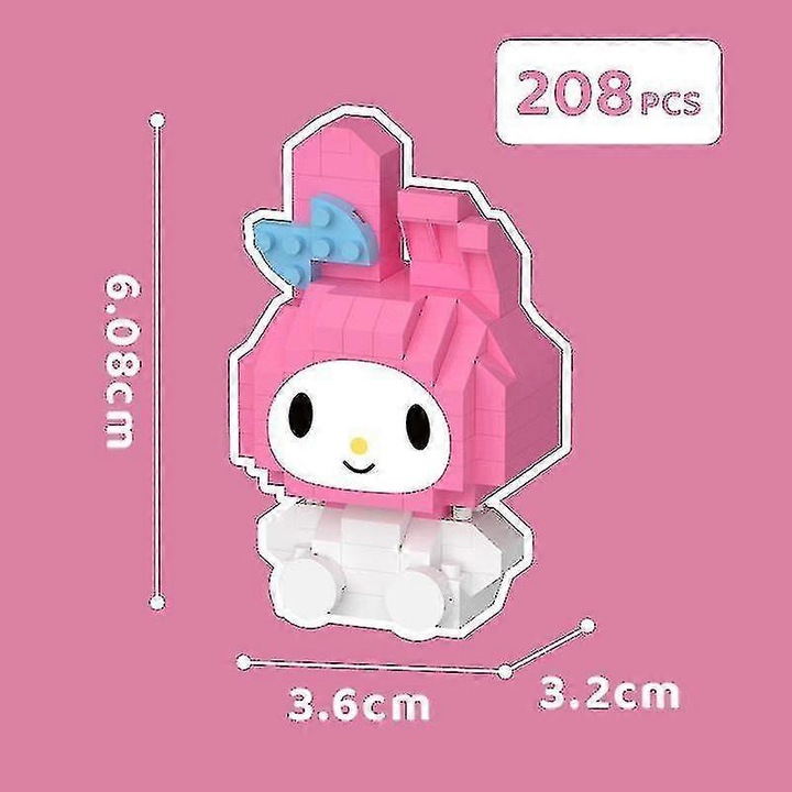 Set de constructie personaje Mymelody Pom Pom Purin Kuromi roz alb 10x15x5cm