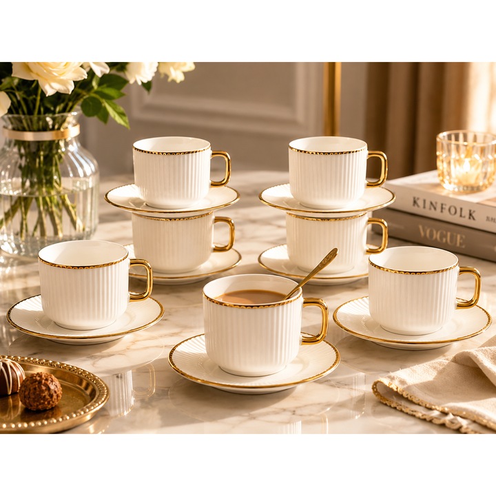 Set 6 Cani Cu Farfurie Din Ceramica Model Cu Dungi In relief Elegant, Alb/ Auriu