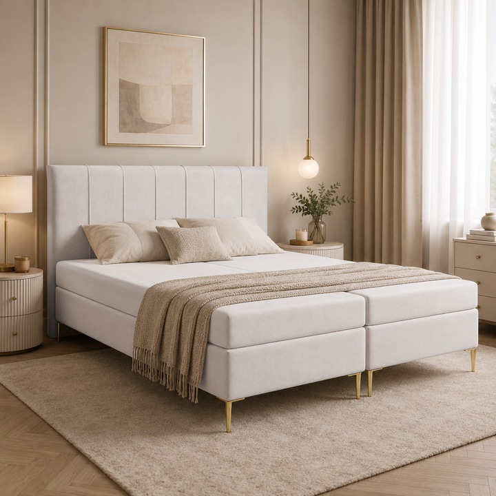 NORI boxspring ágy, Bonell rugós matraccal, tárolórekesszel és magas lábakkal, franciaágy (160x200, Krém - Torra 41053, VISCO fedőmatrac)