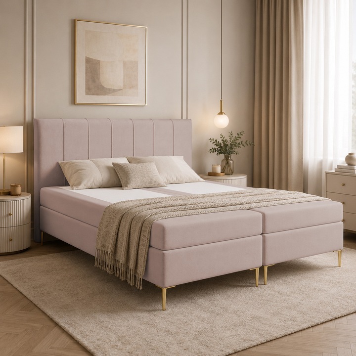 NORI boxspring ágy, Bonell rugós matraccal, tárolórekesszel és magas lábakkal, franciaágy (140x200, Lazac szín - Torra 41023, VISCO topper matrac)