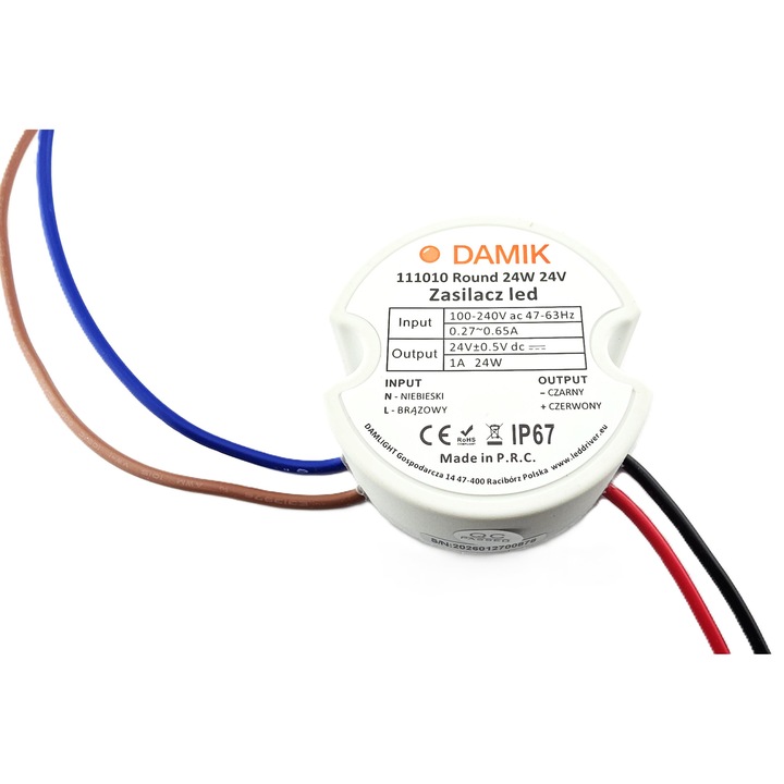 Захранване за LED лента DAMIK 24V 24W вградено 1A кръгло IP67 Кръгло 24-24