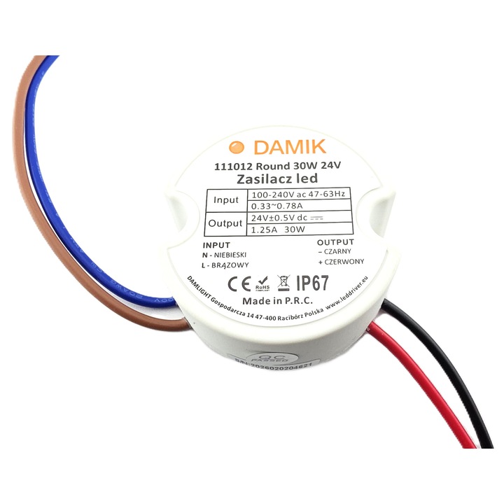 Захранване за LED лента DAMIK 24V 30W вградено 1.2A кръгло IP67 Кръгло 30-24