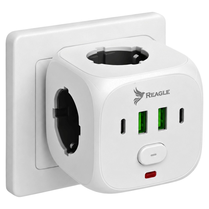 Extensie Stecher de Priza Multipla de Perete cu USB REAGLE, 3 Prize Schuko + 2 USB-A + 2 USB-C, Max 2500W/10A, Intrerupator de Alimentare, Porturi Iluminate, Protectie la Suprasarcina, Supraincarcare si Siguranta Copii