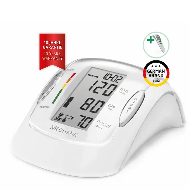 Tensiometru Medisana MTP Pro + Termometru Medisana TM 760, Indicator de aritmie, Funcție de memorie pentru 2 utilizatori, Geantă de depozitare, Alb