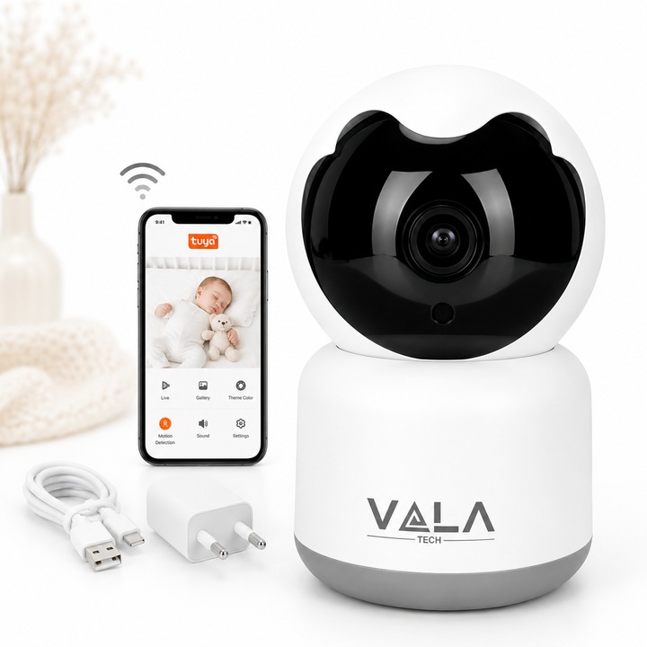 Babafigyelő Vala Tech®️, FullHD 1080P, 360°-os Forgatás, Automatikus Követés, Kétirányú Hang, Éjjellátó, Mozgásérzékelő és Riasztás, Audio/Video, Android/iOS, Bébiőr