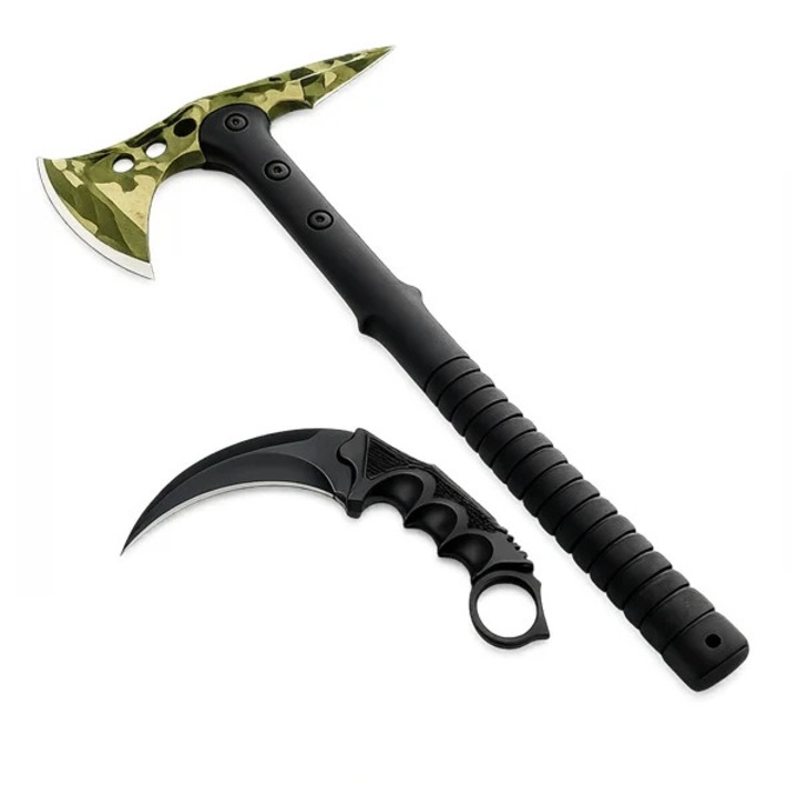 Set topor si cutit karambit DEPOX®, otel inoxidabil, verde.negru, 40 cm/18.5 cm, teaca inclusa