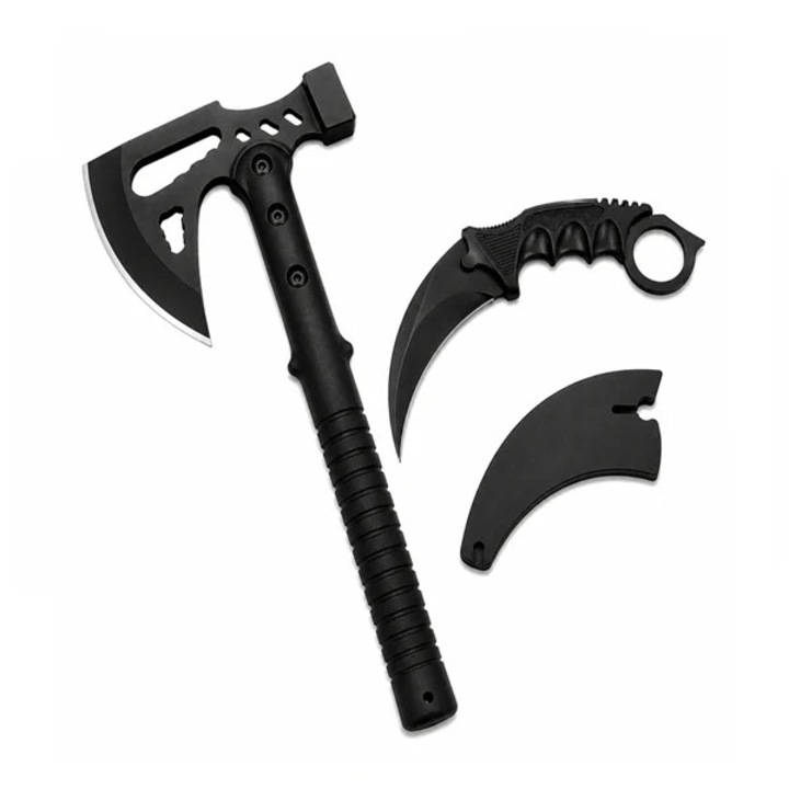 Set topor si cutit karambit de vanatoare DEPOX®, otel inoxidabil, negru, 42 cm/18.5 cm, teaca inclusa