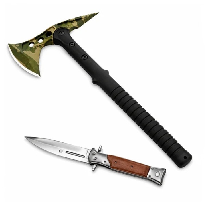 Set topor si briceag de vanatoare DEPOX®, otel inoxidabil, verde, 40 cm/27 cm, teaca inclusa