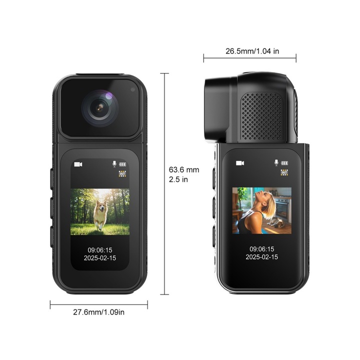 Camera sport mini, ecran LCD de 2, 7 inci, compatibila cu Wi-Fi, stabilizare electronica a imaginii, design cu fixare magnetica, baterie de 1100 mAh, 32 GB, negru