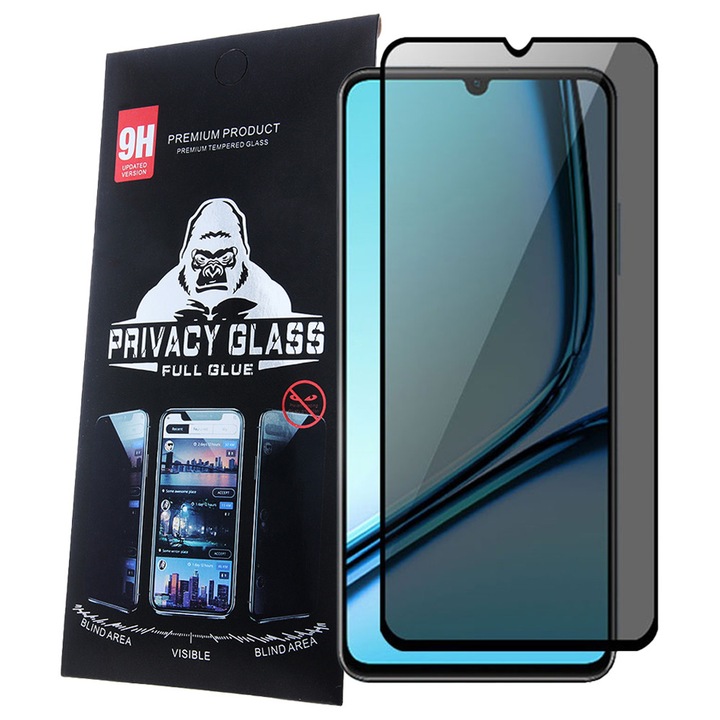 Realme Note 60 / Note 70T / C63 4G kompatibilis üvegfólia, előlapi, edzett, hajlított, fekete kerettel, betekintés védelemmel, Privacy