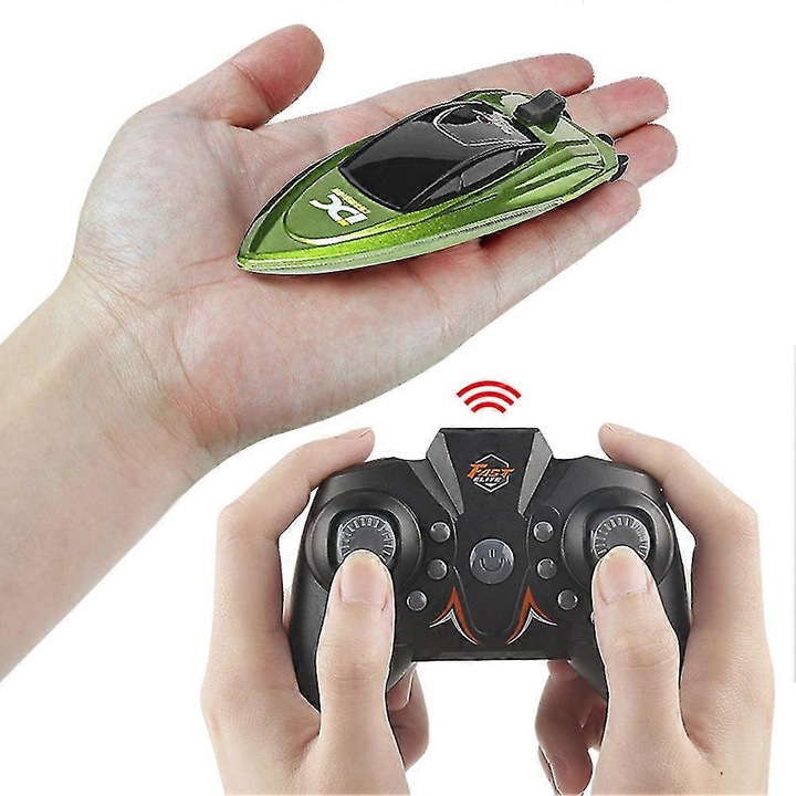 Barca RC mini, viteza 5km/h, telecomanda 2.4GHz, albastru-rosu-verde, 11.5x2.3x2.2cm