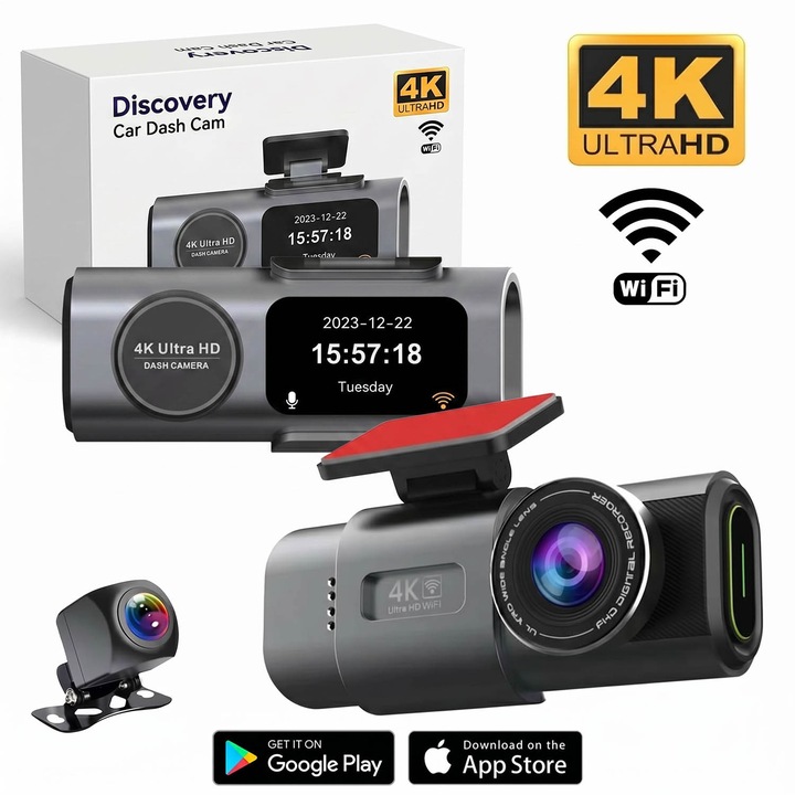 Camera auto 4K Pro Dual, DIO SMART, GPS Integrat, WiFi, Night Vision Avansat, Unghi 170, Camera Spate, Card 32GB Inclus, Kit Alimentare Permanenta, Senzor Impact, Inregistrare 24/7, Set Complet, Protectie Parcare, Aplicatie Telefon, Montaj Rapid, Gri