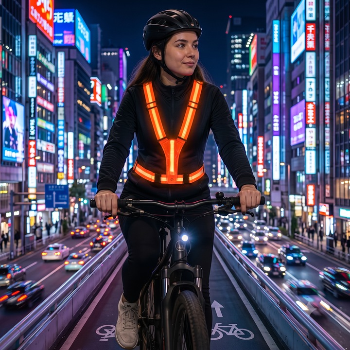 Fényvisszaverő Mellény LED Fényekkel Elöl és Hátul, Narancssárga, USB Töltés, Univerzális Állítható Méret, 5 Változtatható LED Szín, Prémium 4 cm-es Rugalmas Szalag, Futáshoz, Kerékpározáshoz, Rollerezéshez, VisionXXI