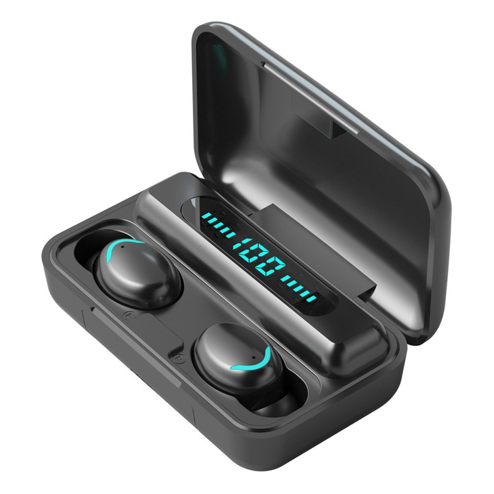 Vezeték nélküli Bluetooth 5.1 fülhallgató, basszus, vízálló, töltőtokkal, mini, fekete