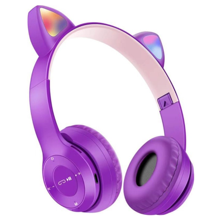 Vezeték nélküli Bluetooth 5.0 fejhallgató, macskafüles, összecsukható, többszínű LED, állítható, mikrofonnal, 20m, fekete