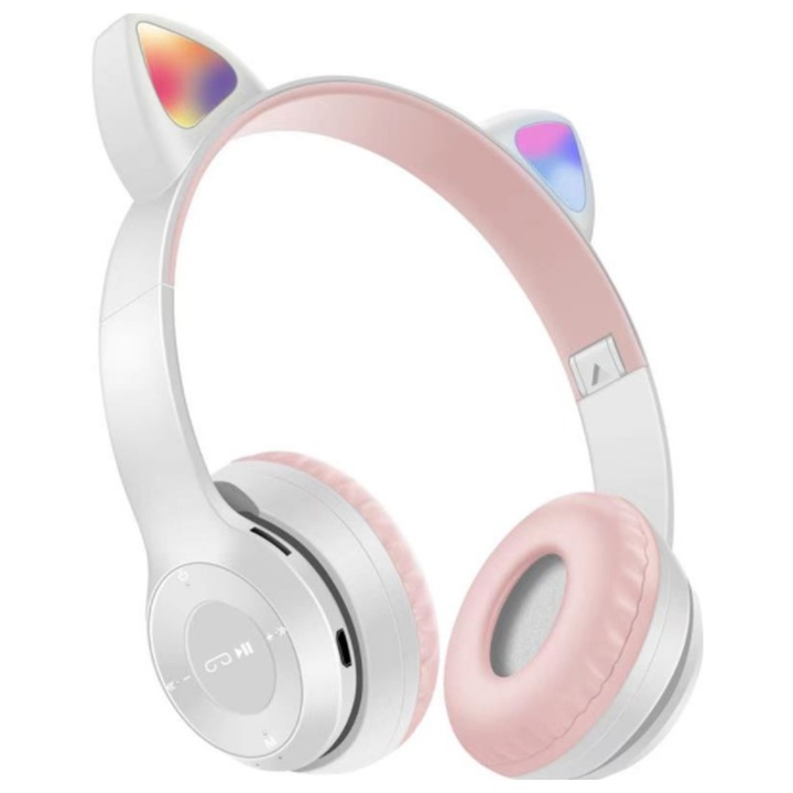 Vezeték nélküli Bluetooth 5.0 fejhallgató macskafülekkel, összecsukható, többszínű LED, mikrofon, állítható, gyerekeknek