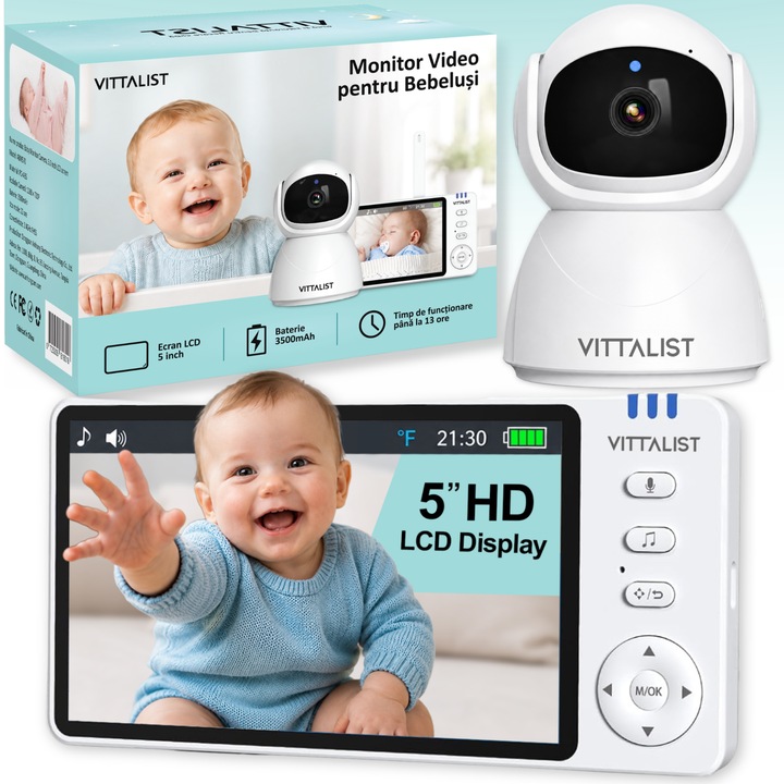 VITTALIST Digitális és Audio-Video Vezeték Nélküli Bébiőr, 5 hüvelykes HD LCD kijelző, Éjjellátó, 355°/120° Forgatás, Kétirányú Hang, 400m Hatótáv, 13 óra Üzemidő, Hőmérsékletfigyelés, Sírás/Mozgás Értesítések, Altatódalok, Babafelügyelet, Fehér