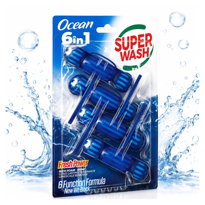 Odorizant WC Ocean 6 in 1, 4 x 50 g, parfum ocean, curata, parfumeaza, igienizeaza