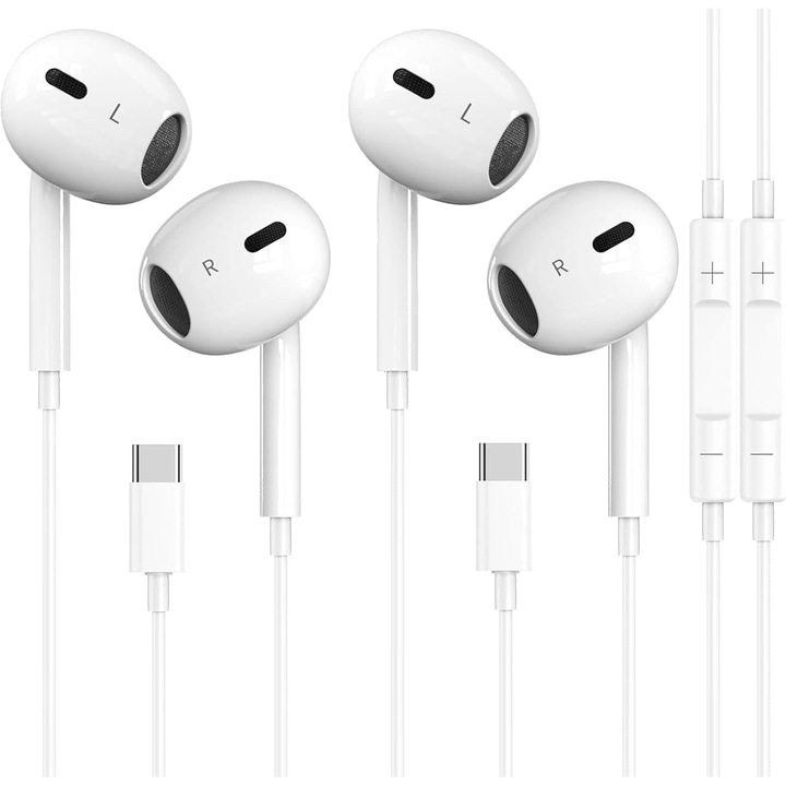 Casti cu fir, 2 bucati, microfon, control volum, USB-C, negru