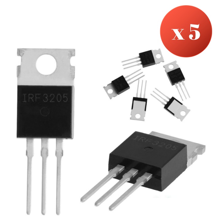 5 darabos készlet, IRF3205 N-csatornás MOSFET tranzisztor Infineon 55V 110A TO-220, alacsony RDS(on) ellenállás, teljesítményelektronikai alkatrész inverterekhez, DC motorvezérléshez, PWM-hez, tápegységekhez és DIY projektekhez
