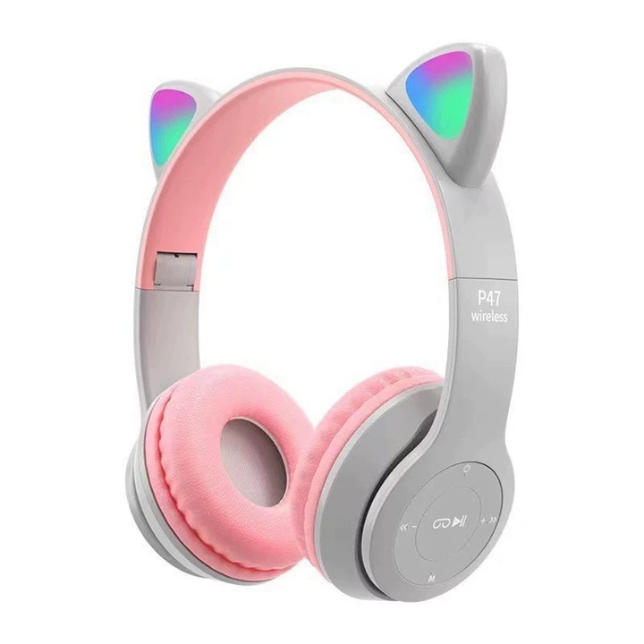Vezeték nélküli fejhallgató, macska modell, HiFi hangzás, LED, fekete
