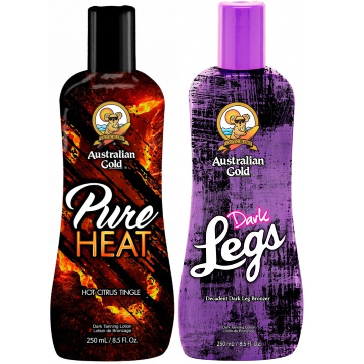 Australian Gold Pure Heat Tingle Élénkítő Szoláriumkrém és Dark Legs Lábbarnító Balzsam 250 ml, barnító készlet